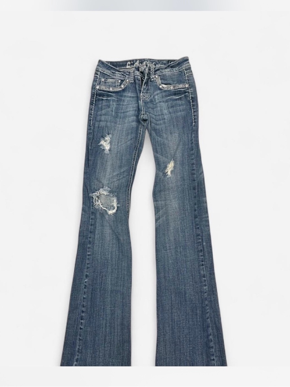L.A. idol Women's Distressed Flare Jeans - Blue